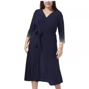 Woman PLUS MSK Navy Beaded Fit & Flare Stretch V-neck Dress midi dress 1X MSK